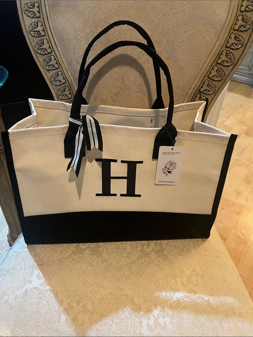 Cream & Black Canvas Tote with Monogram H